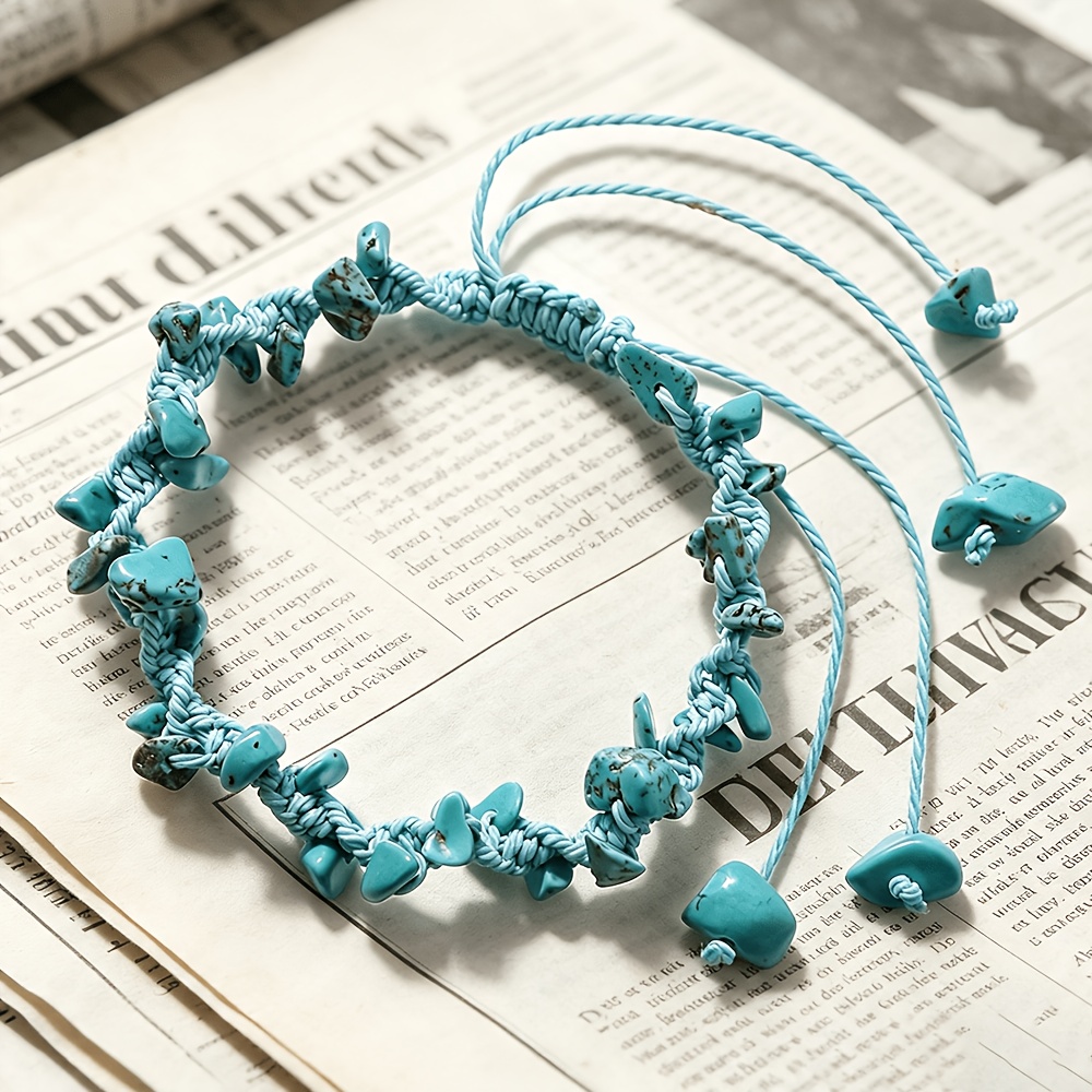 Unisex Ocean Style Blue Irregular Pebble Handwoven Rope Bracelet